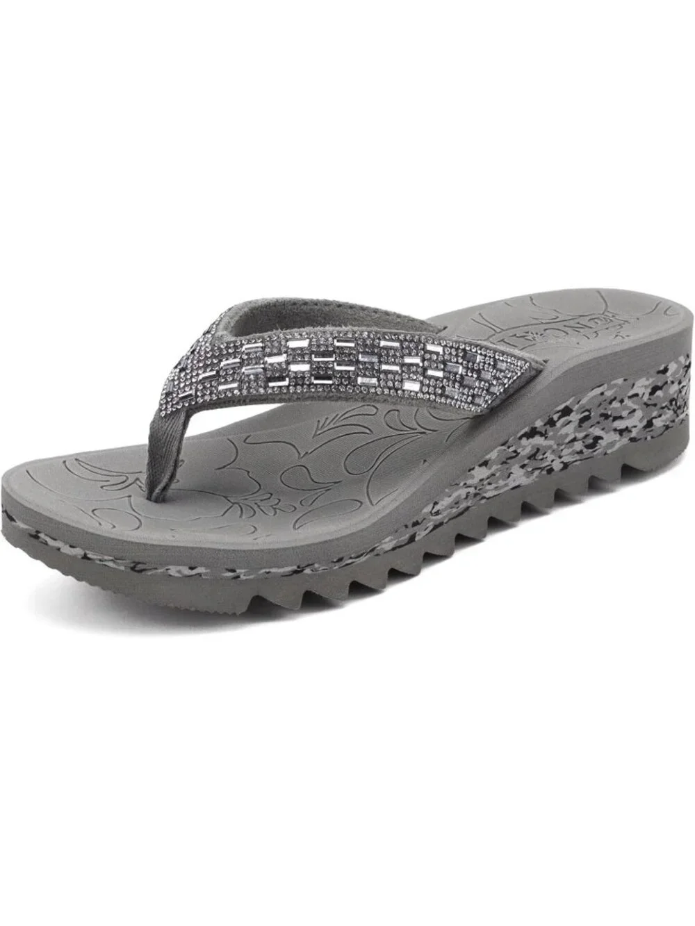 Women's Grey Summer Comfortable Wedge Flip Flop with Rhinestone Walking Sandals